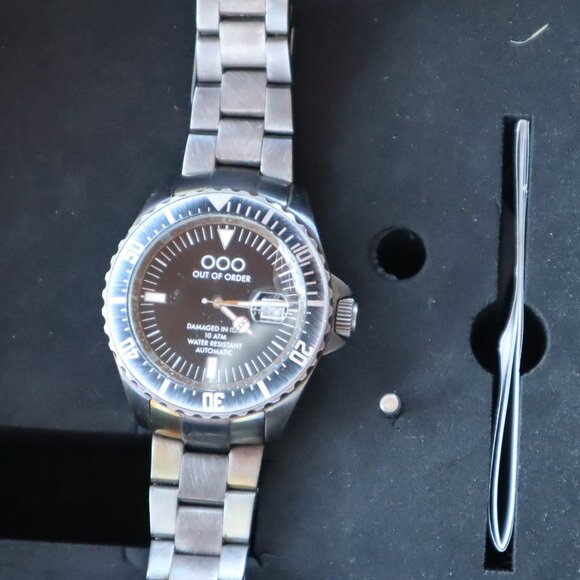 Out of Order Black Automatico Quaranta Watch (Black Dial/Brushed Steel Band) - Picture 1 of 6